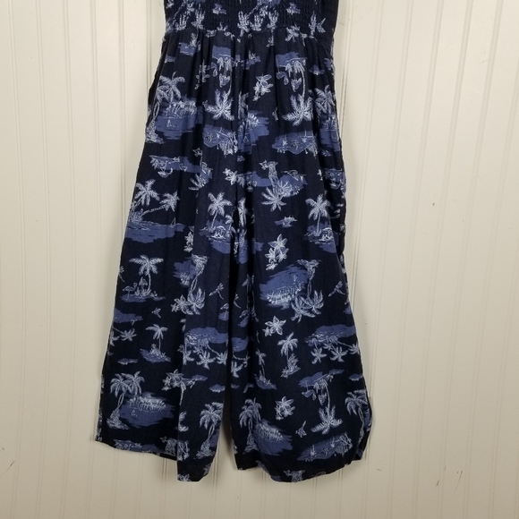 Romper Linen Smocked Wide Leg Cropped Pockets Blue Jumpsuit Scenic Print - Picture 5 of 13